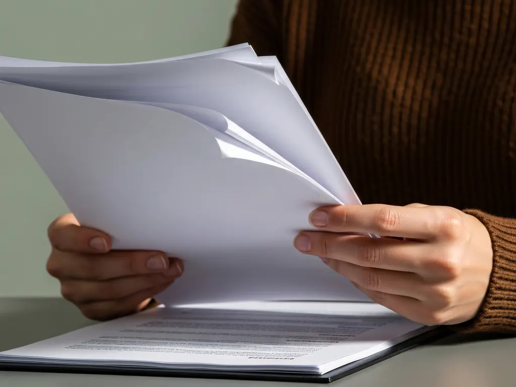 Hands turning marked-up pages over an open folder on a desk.